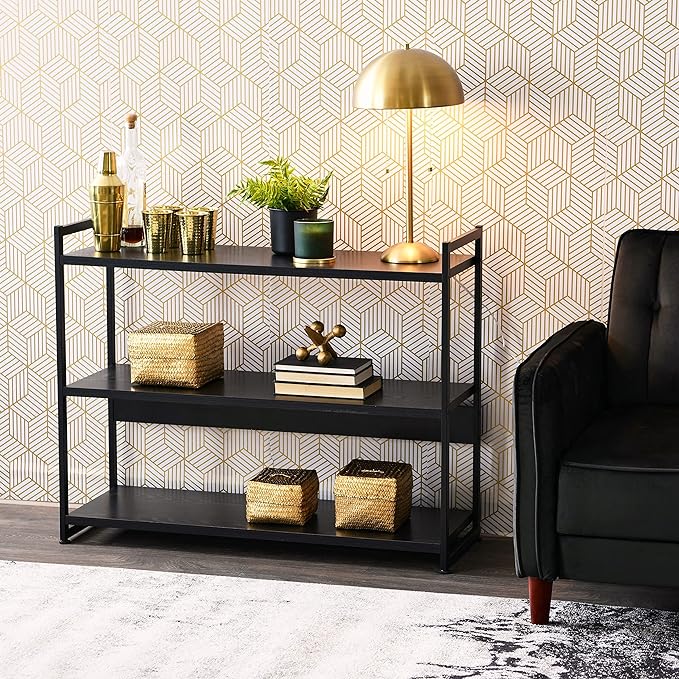 Household Essentials 3 Tier Wide Book Shelf, Medium, Black Oak Finish
