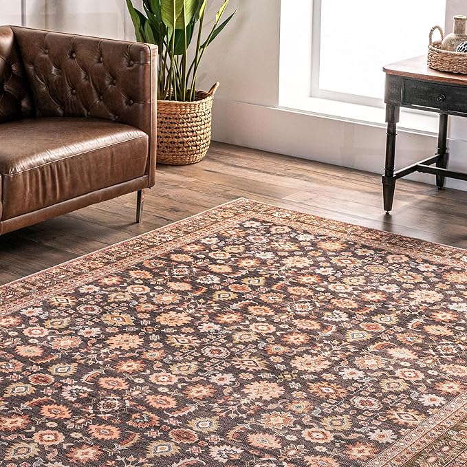 nuLOOM Cathie Persian Floral Machine Washable Ultra Thin Area Rug, 5' x 8', Beige