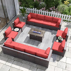 Patio Furniture Set with Fire Pit Table 15 PCS Outdoor Sectional Furniture Outdoor Rattan Patio Conversation Sets with 43in 55,000 BTU Propane Gas Fire Pit Table Glass Table, Red