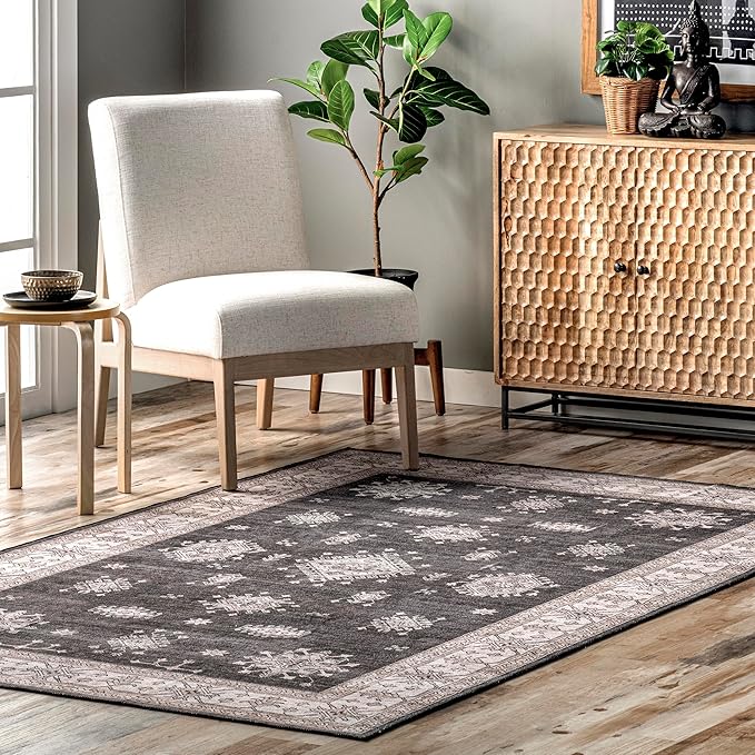 nuLOOM Mollie Machine Washable Traditional Border Ultra Thin Accent Rug, 2x3, Charcoal