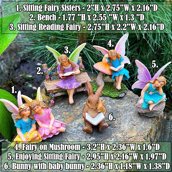 Mood Lab Fairy Garden - Miniature Reading Fairies Figurines Set - Statues & Accessories Decor Kit of 6 pcs
