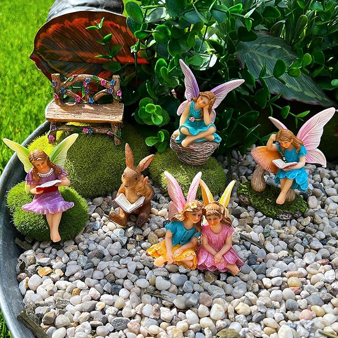 Mood Lab Fairy Garden - Miniature Reading Fairies Figurines Set - Statues & Accessories Decor Kit of 6 pcs