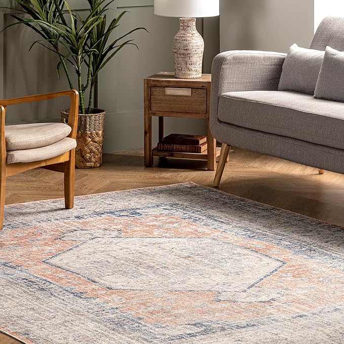 nuLOOM 2x3 Machine Washable Rain Haven Vintage Medallion Area Rug, Peach, Traditional Faded Design, Non-Slip Backing, Stain Resistant, For Bedroom, Dining Room, Living Room, Kitchen