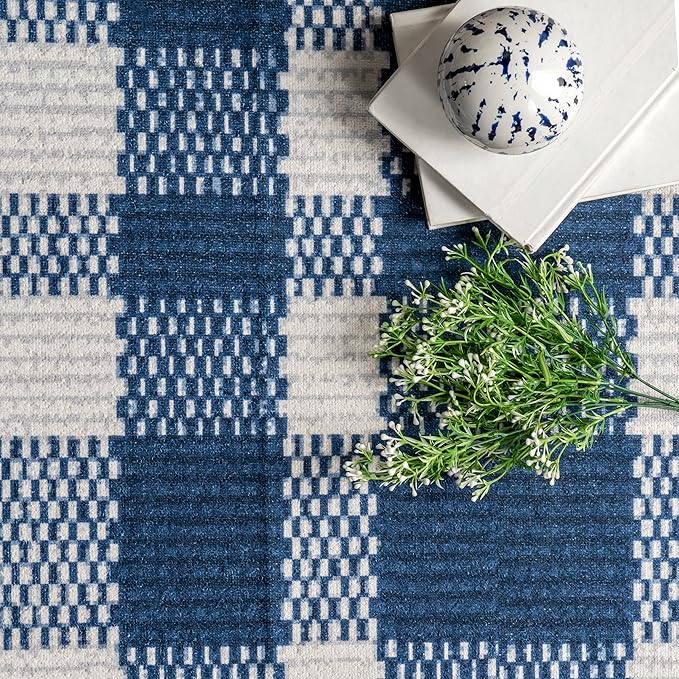 nuLOOM Rianne Machine Washable Plaid Farmhouse Ultra Thin Area Rug, 8' x 10', Blue
