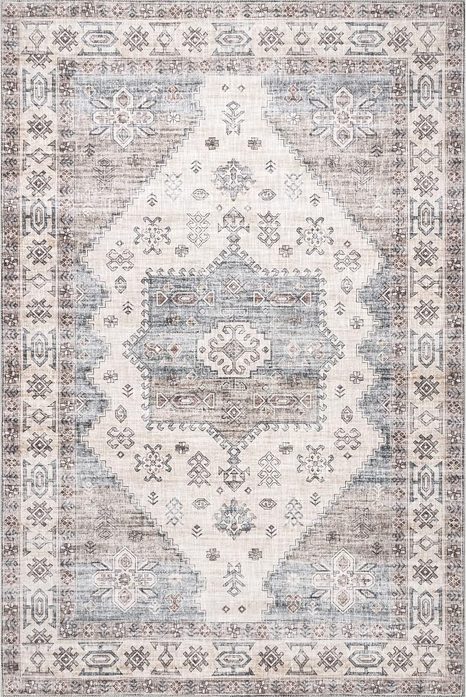 nuLOOM Emani Machine Washable Medallion Ultra Thin Area Rug, 5' x 8', Beige