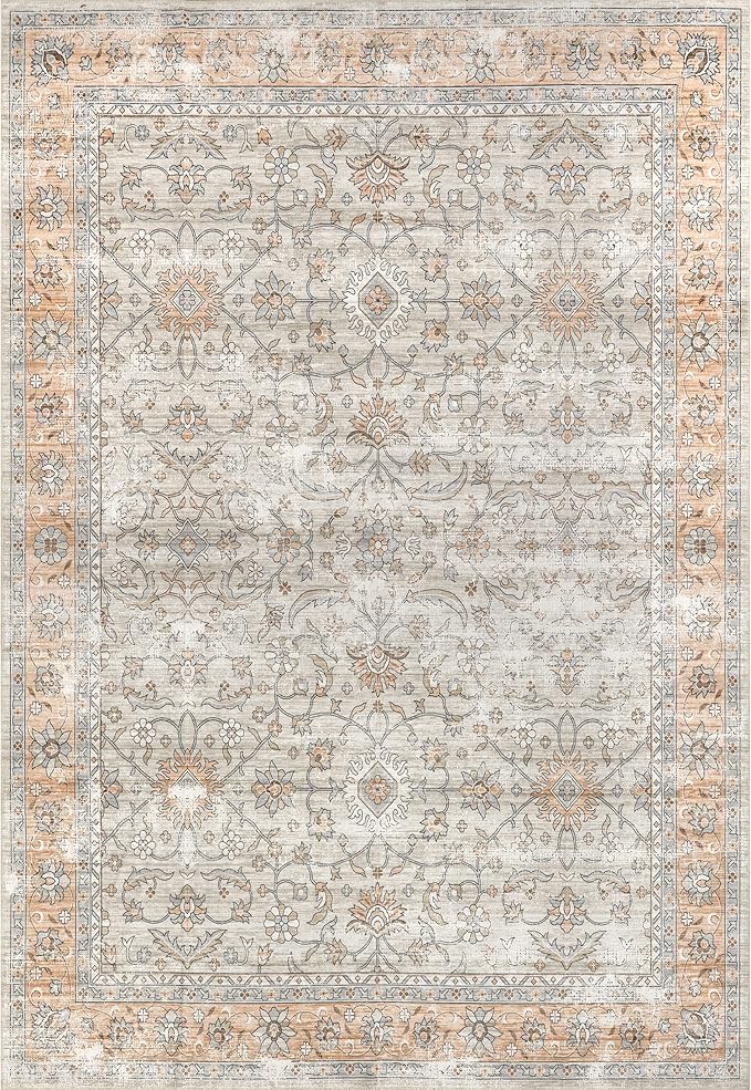 nuLOOM Marlena Faded Floral Machine Washable Ultra Thin Area Rug, 8' x 10', Peach