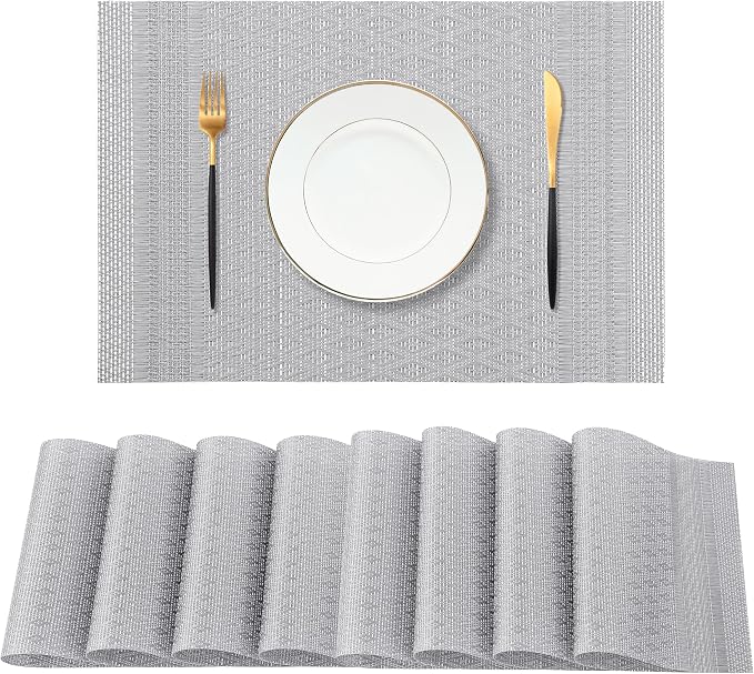 Leetaltree Lunar Grey Placemats Set of 8 - Heat Resistant Non-Slip Place mats for Dining Table, Washable Durable PVC Vinyl Woven Table Mats（Lunar Grey, 8）