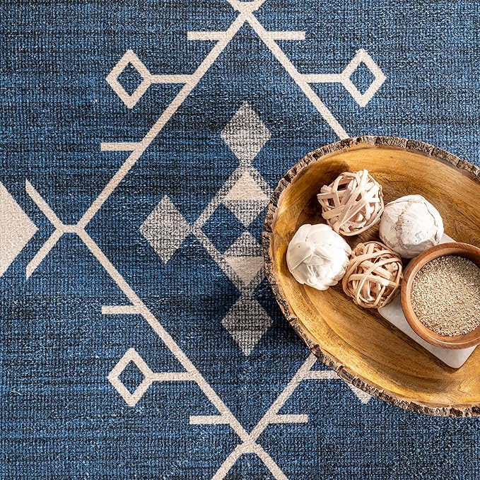 nuLOOM Evalyn Southwestern Machine Washable Ultra Thin Area Rug, 8x10, Navy
