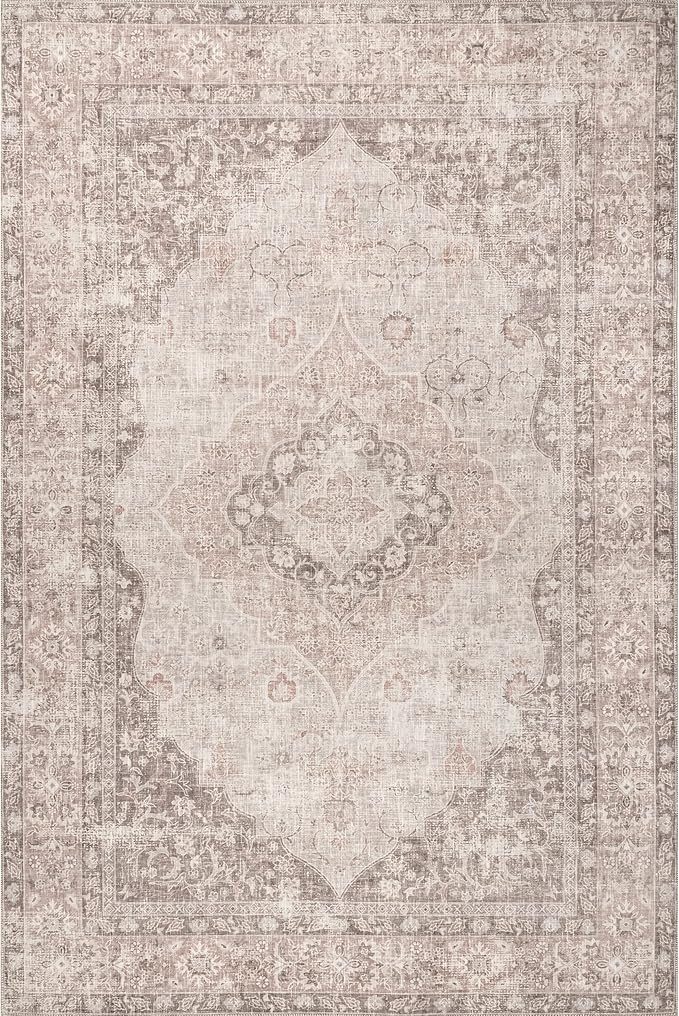 nuLOOM Elsa Floral Blossom Machine Washable Ultra Thin Area Rug, 5' x 8', Beige