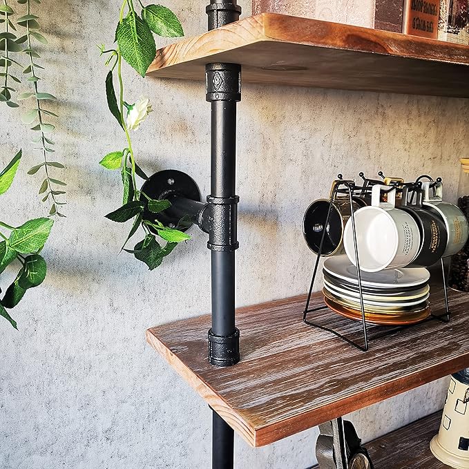 6 Tier Industrial Ladder Pipe Shelf, Wall Mounted Wood Metal Bookshelf for Living Room Storage (Weathered Brown, 10" D x 48" W x 82.5" H)