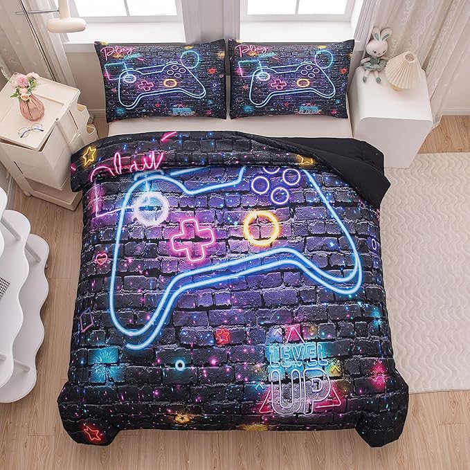 NINENINE Gamer Bedding Sets for Boys 5PCS Full Size Gaming Comforter Bed in A Bag Gamer Contoller Video Kids Teens Gamer Comforter Sets (1Comforter, 1Flat Sheet, 1Fitted Sheet, 2Pillowcases)