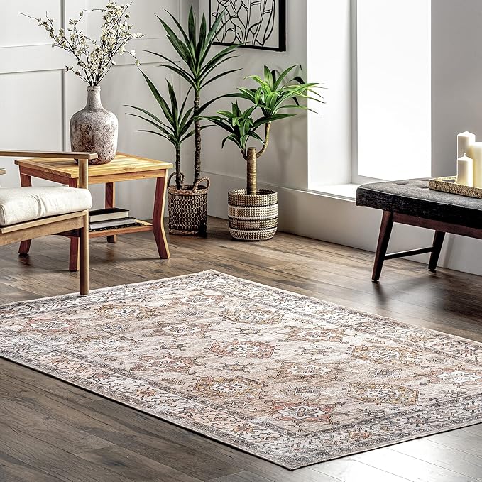 nuLOOM Finley Machine Washable Vintage Distressed Ultra Thin Area Rug, 3' x 5', Beige