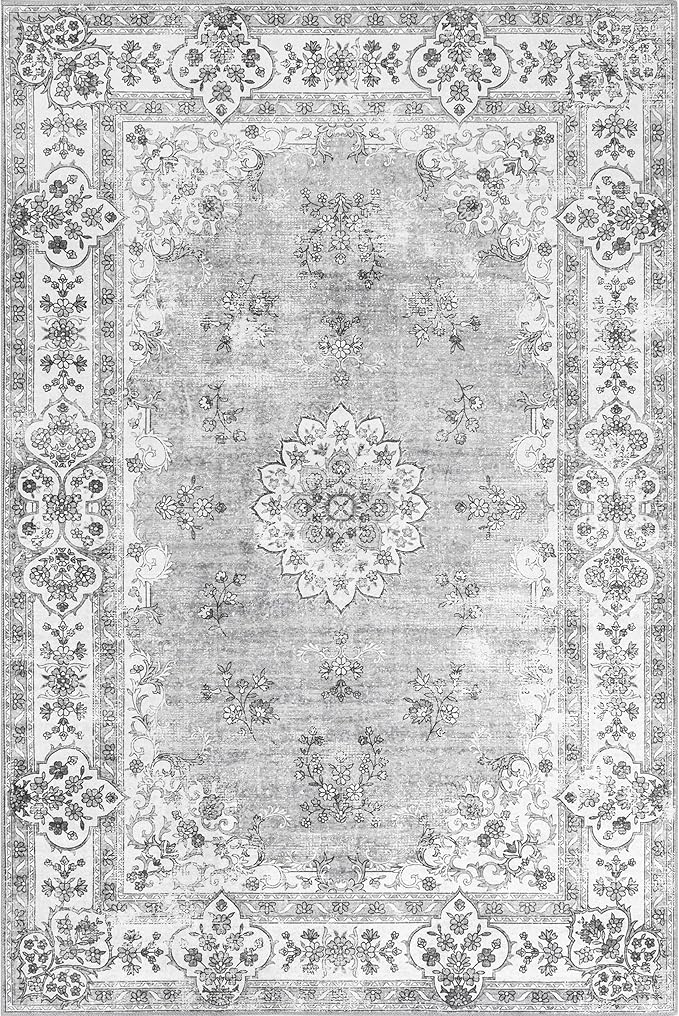 nuLOOM Ren Vintage Floral Machine Washable Ultra Thin Area Rug, 8x10, Grey