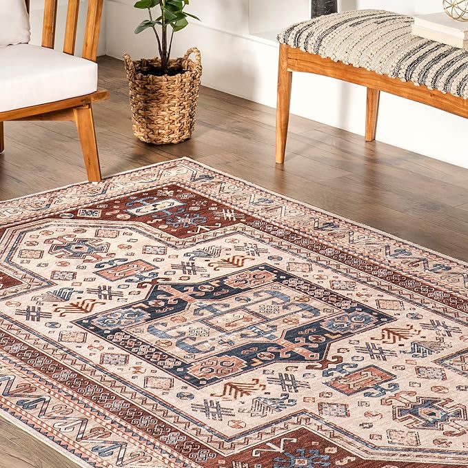 nuLOOM Órla Tribal Bordered Machine Washable Ultra Thin Area Rug, 5' x 8', Rust