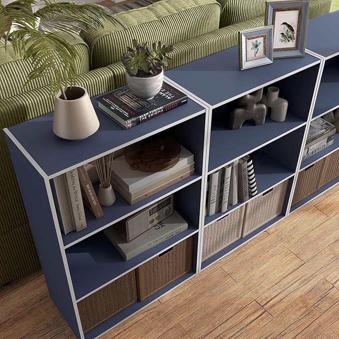 Apexa 3-Tier Cube Storage Organizer Shelves, Stackable Wood Bookcase Fits Cubby Bins for Organization, Dorm Teen Room Decor & Home Office, Steel Blue