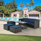 Modular Rattan Outdoor Sectional Furniture, Wicker Conversation Patio Sets with Plywood Coffee Table and Lounger Sofa for Backyard, Db-Navy Blue