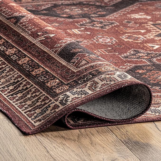 nuLOOM Kathryn Machine Washable Traditional Rustic Ultra Thin Area Rug, 8' x 10', Red