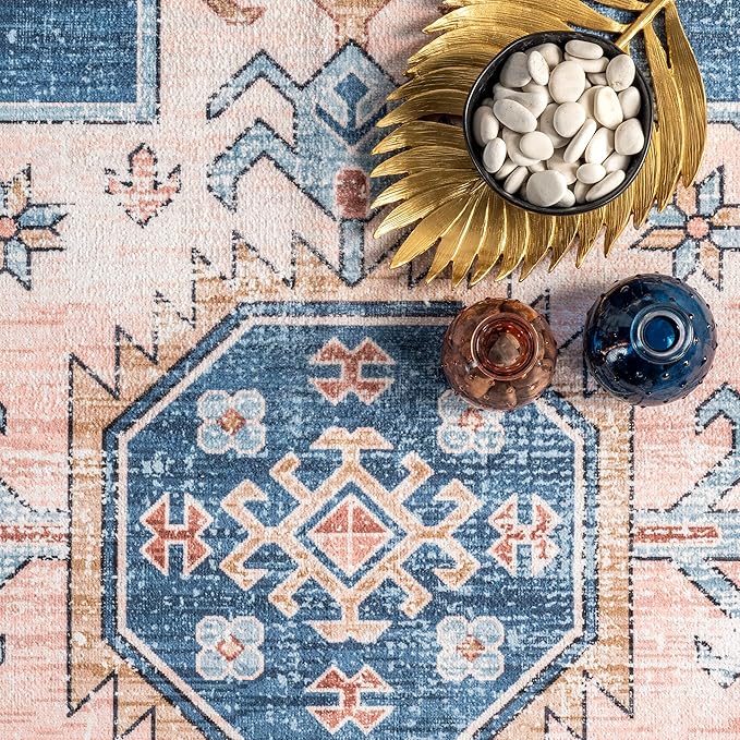 nuLOOM Norma Machine Washable Traditional Medallion Ultra Thin Area Rug, 3' x 5', Blue
