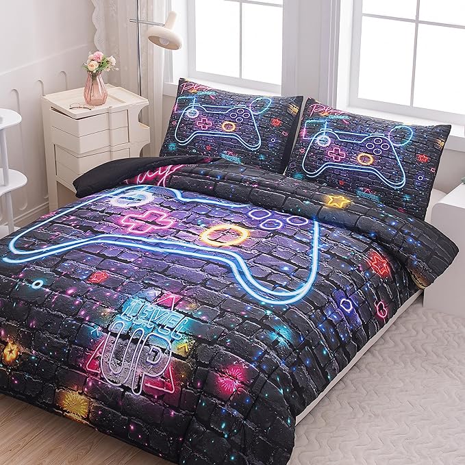 NINENINE Gamer Bedding Sets for Boys 5PCS Full Size Gaming Comforter Bed in A Bag Gamer Contoller Video Kids Teens Gamer Comforter Sets (1Comforter, 1Flat Sheet, 1Fitted Sheet, 2Pillowcases)